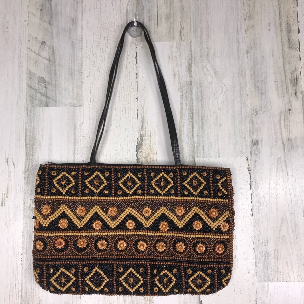 beaded double leather handle shoulder bag